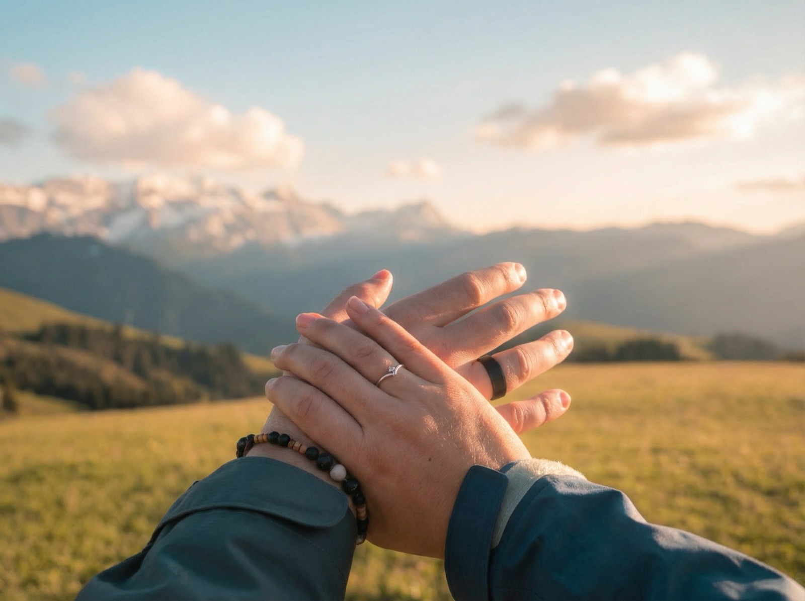 Hände mit Ringen vor Bergpanorama